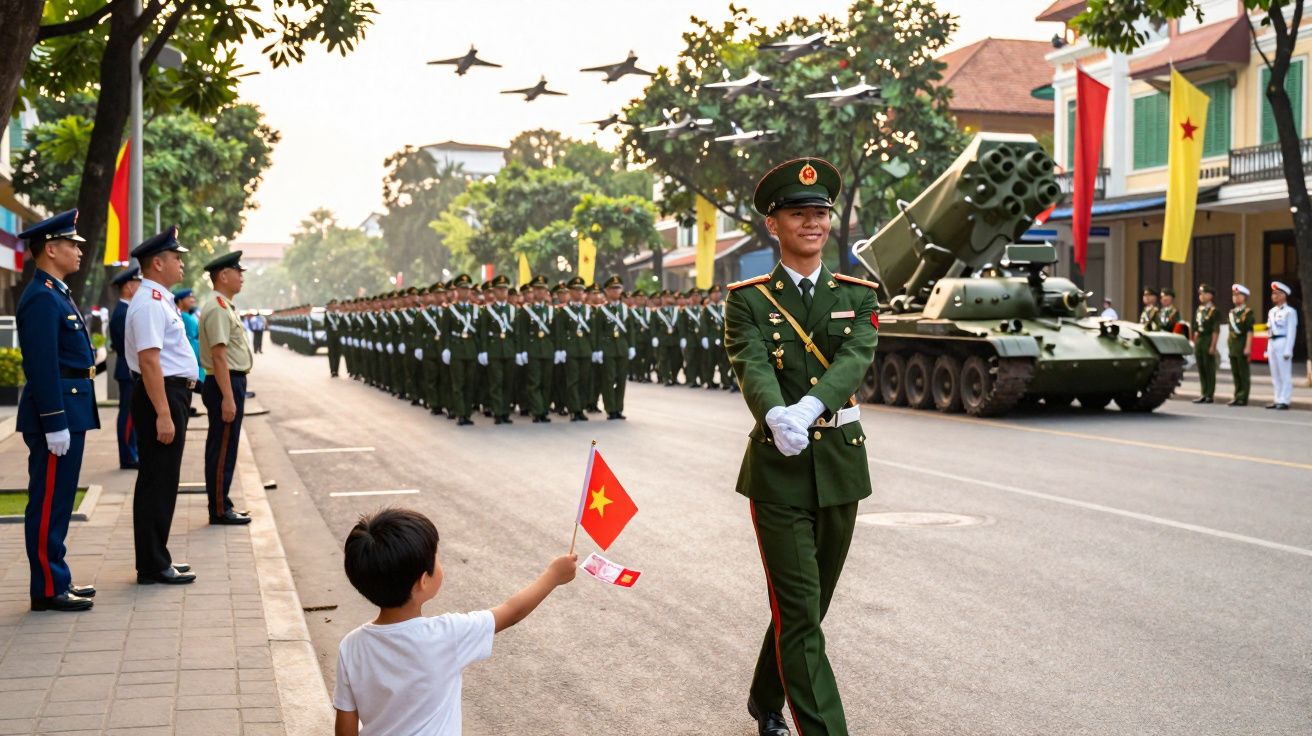 Desfile militar no Vietname com soldados alinhados, tanque de guerra e menino a acenar com bandeira vietnamita.