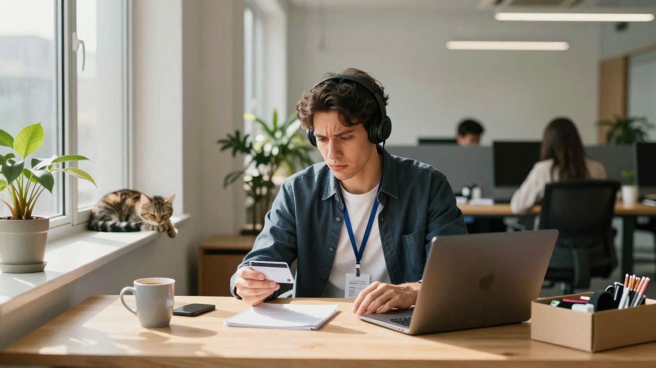 Homem com auscultadores a usar cartão de crédito no escritório moderno com gato na janela.