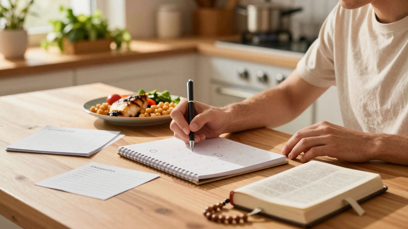 Pessoa a escrever num caderno à mesa com livro aberto, folhetos e prato de comida no ambiente de cozinha.