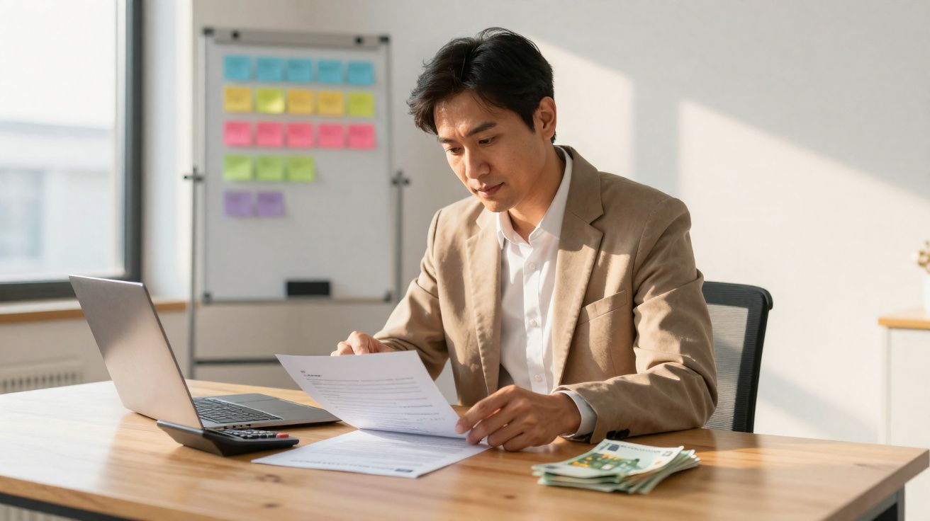 Homem de negócios a trabalhar com documentos e laptop numa mesa de escritório iluminada pela luz natural.