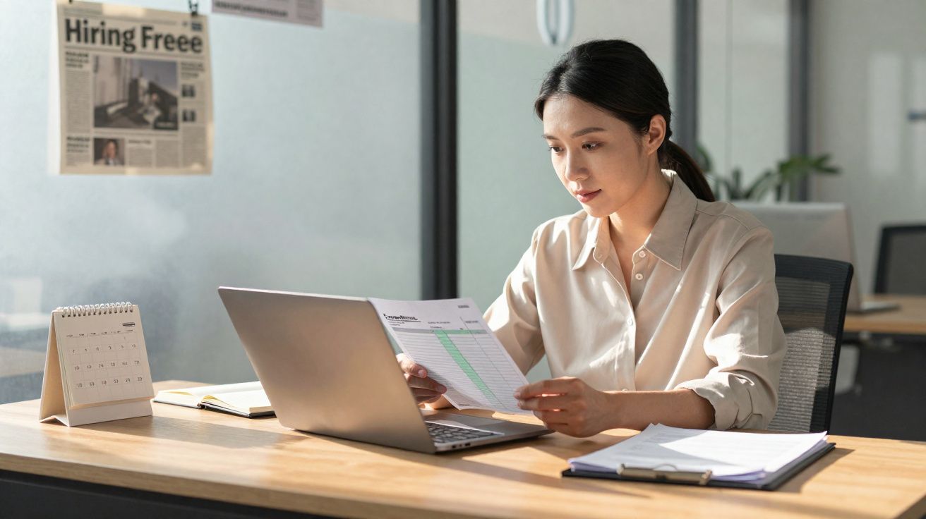 Mulher a consultar documentos enquanto trabalha num computador portátil num escritório moderno.