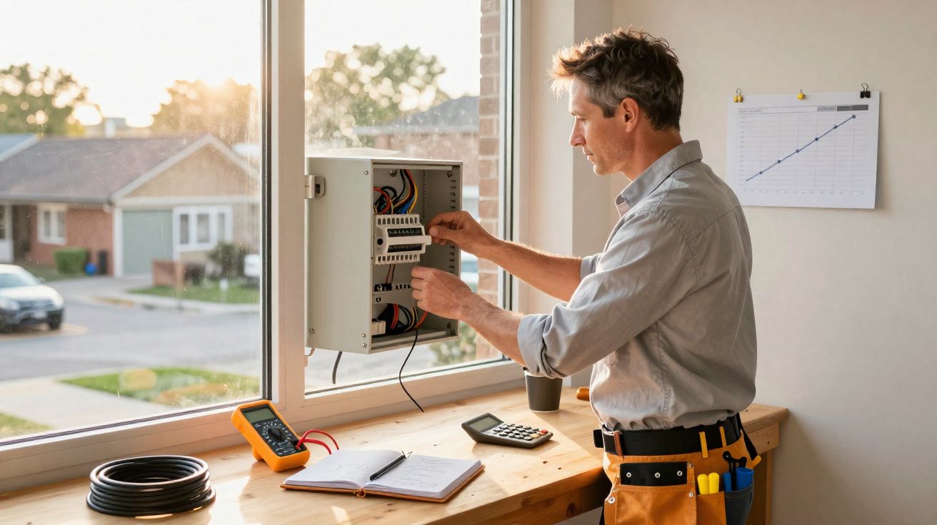 Homem a trabalhar num quadro elétrico junto a uma janela com ferramentas e materiais num banco de trabalho.