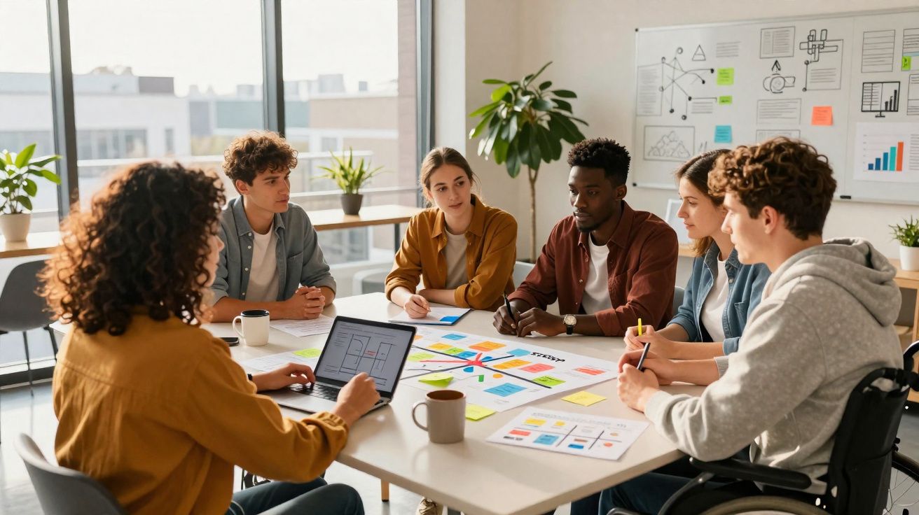 Grupo diversificado de jovens colaboradores a discutir projetos em escritório moderno com plantas e gráficos.