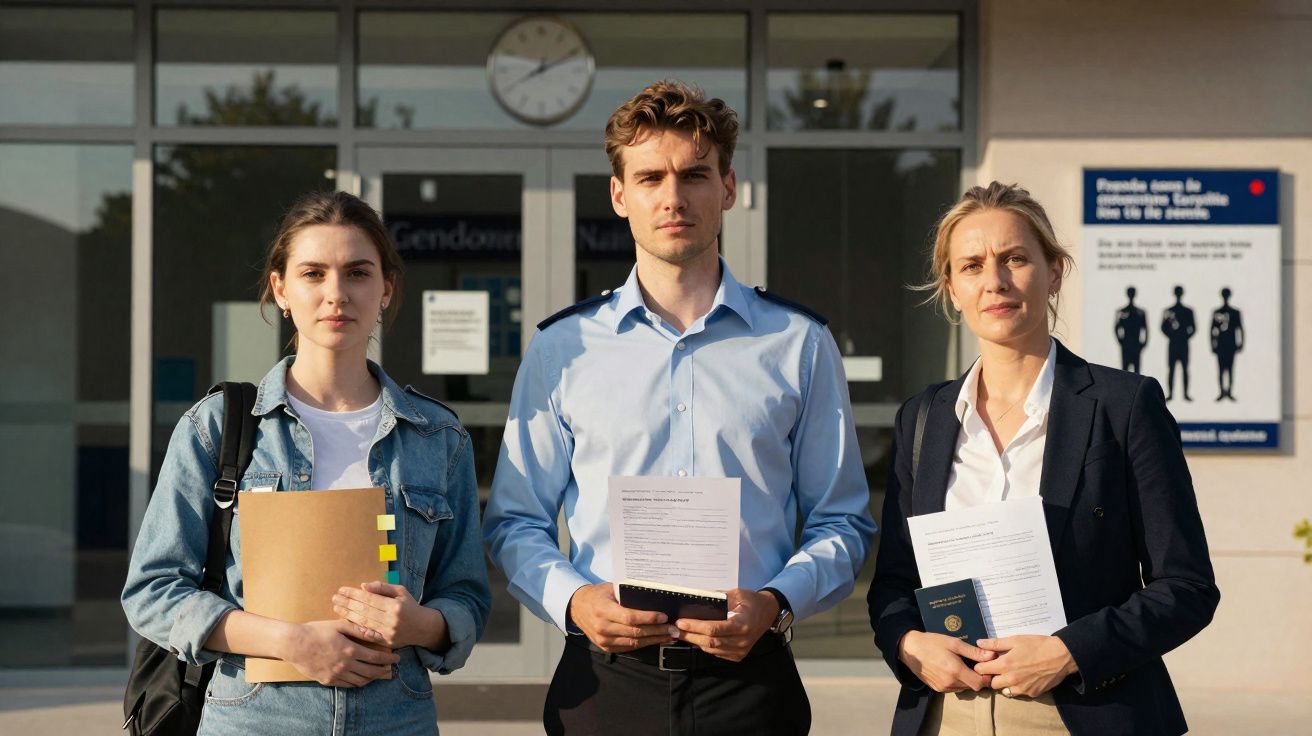 Três jovens em frente a um edifício oficial, segurando documentos, com aparência séria.