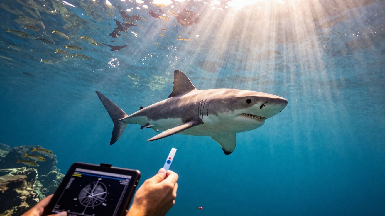 Tubarão nadando perto da superfície com raio de sol e mãos a usar um tablet submarino.
