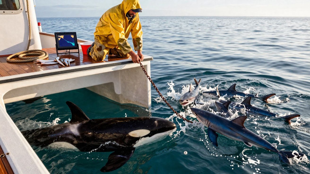 Homem com impermeável amarelo interage com orca e tubarões junto a barco no mar calmo ao entardecer.