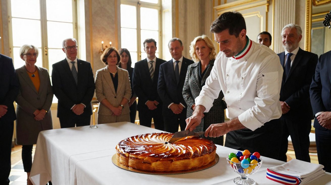 Chefe de cozinha a cortar uma grande tarte, rodeado por pessoas em ambiente formal e elegante.