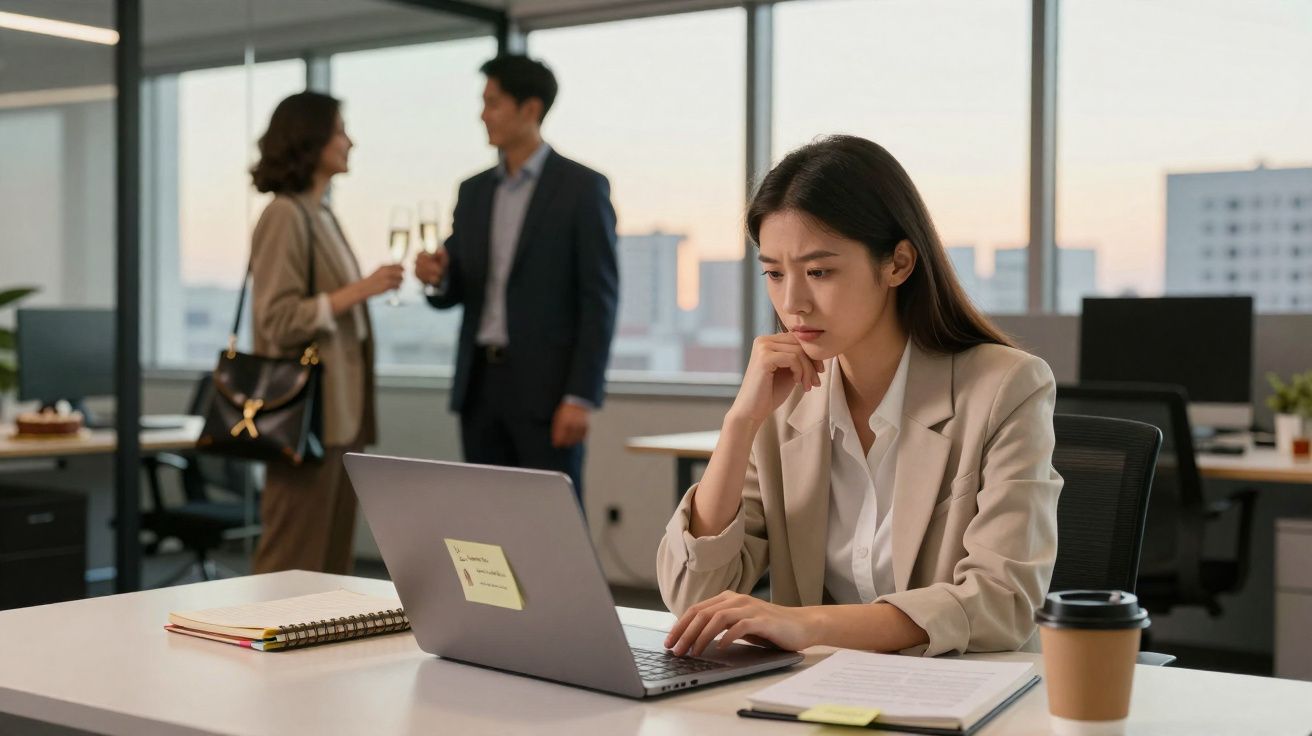 Mulher séria a trabalhar no portátil enquanto colegas brindam ao fundo num escritório moderno.