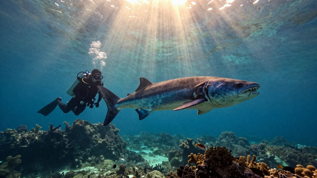 Mergulhador observa de perto um tubarão a nadar sobre um recife coralífero iluminado pela luz solar subaquática.
