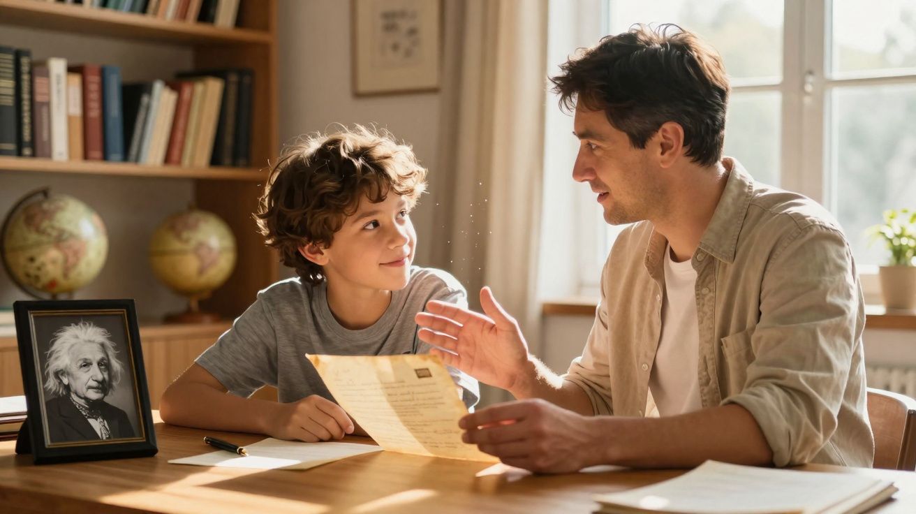 Pai e filho em ambiente de estudo, lendo documento juntos com retrato de Albert Einstein ao fundo.
