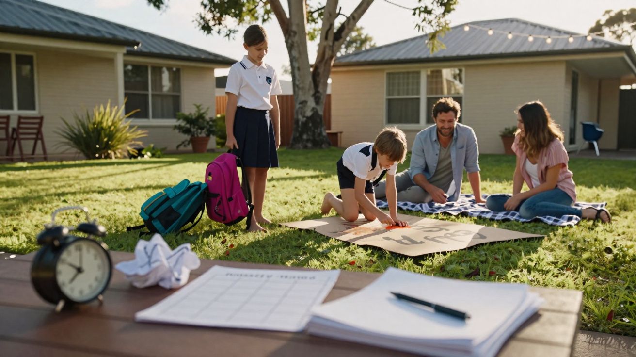 Crianças e adultos criam cartaz no gramado de casa em dia soalheiro, com mochilas escolares e papéis numa mesa próxima.