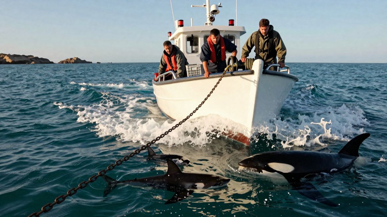 Três homens num barco a rebocar uma orca e um golfinho presos por correntes no mar.