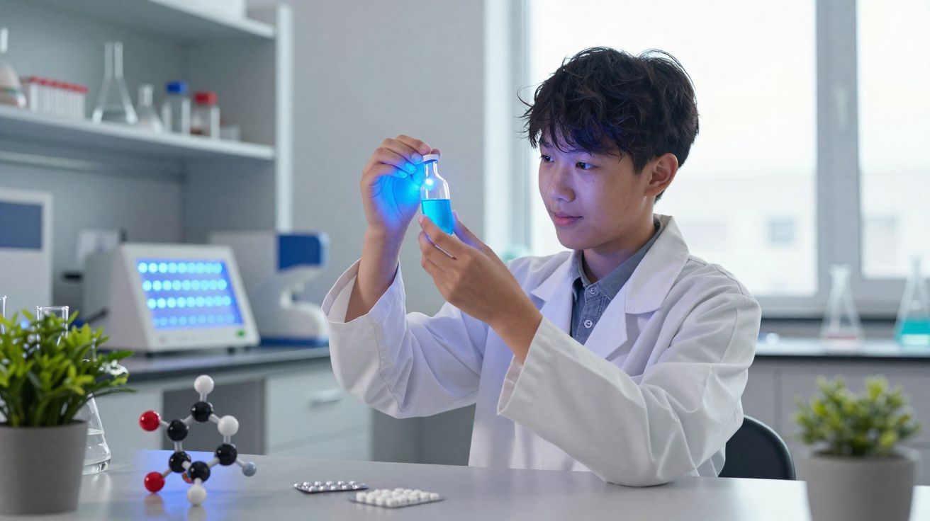 Jovem cientista em laboratório a observar líquido azul numa garrafa transparente sob luz.