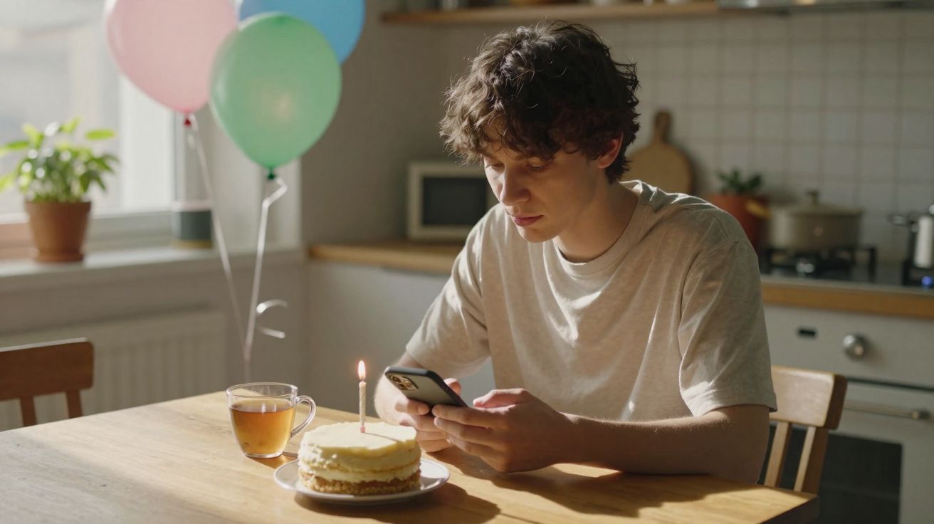 Jovem sentado à mesa numa cozinha, a olhar para o telemóvel, com bolo de aniversário e vela acesa.