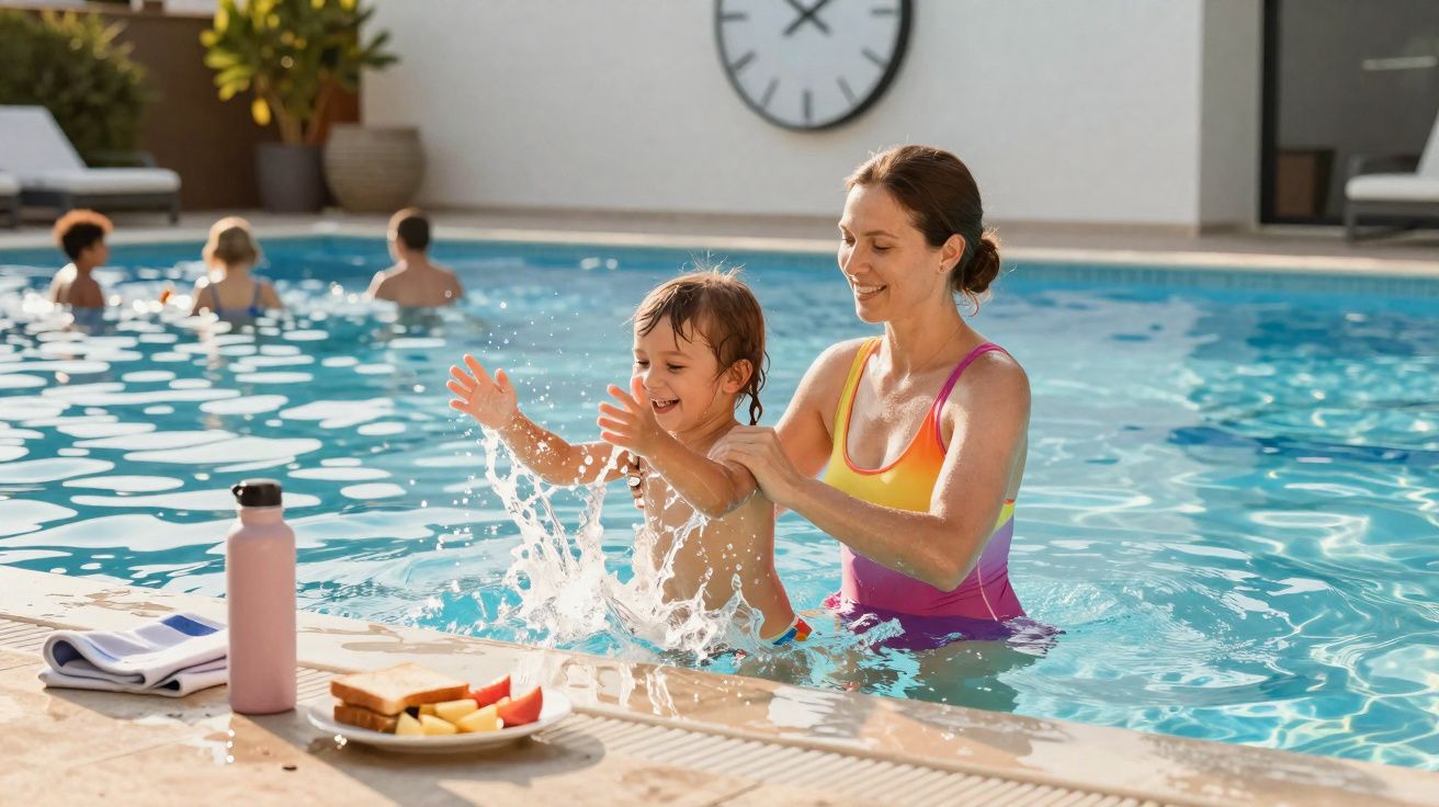 Mulher e criança a brincar na piscina, com toalha, garrafa e prato de fruta na borda da piscina.