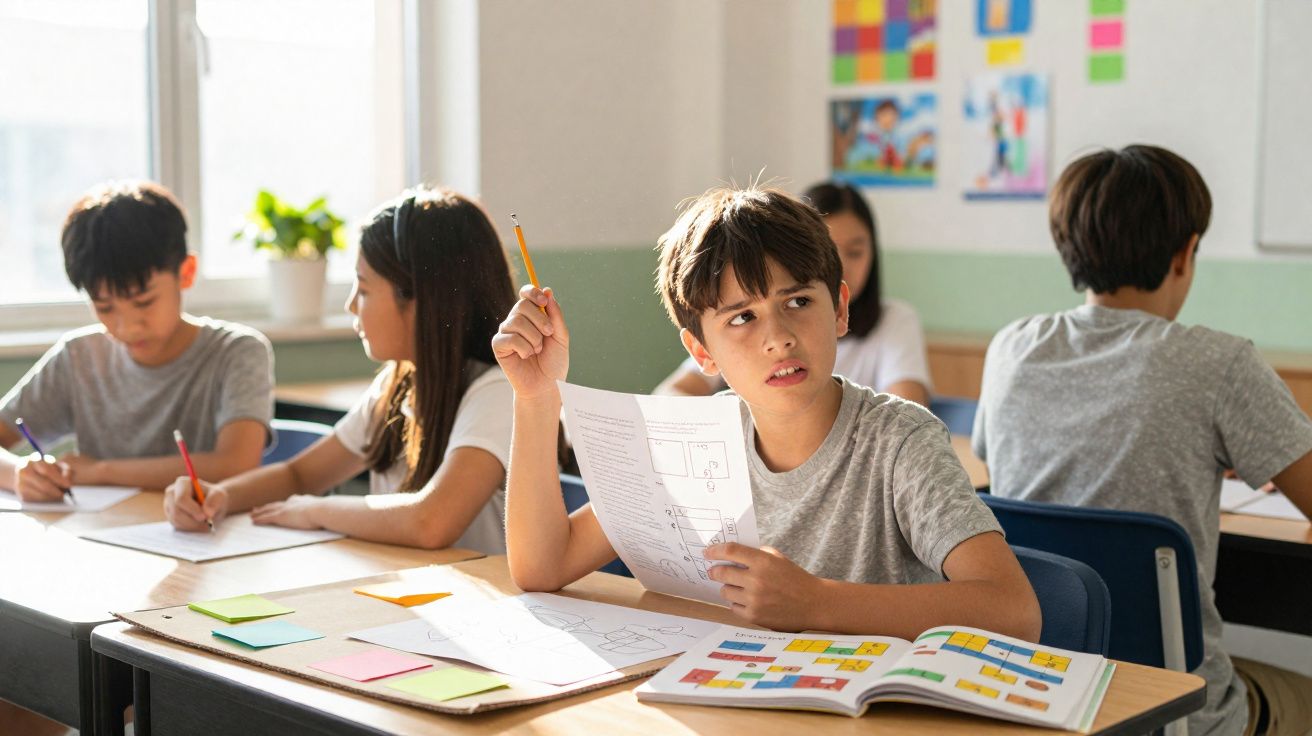 Crianças sentadas em sala de aula a responder exercício, uma delas levanta o braço a perguntar.