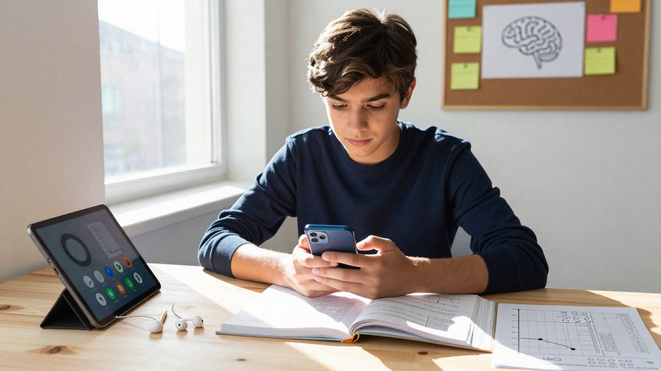 Rapaz sentado a estudar com telemóvel na mão, tablet e livros numa mesa iluminada pela luz natural.