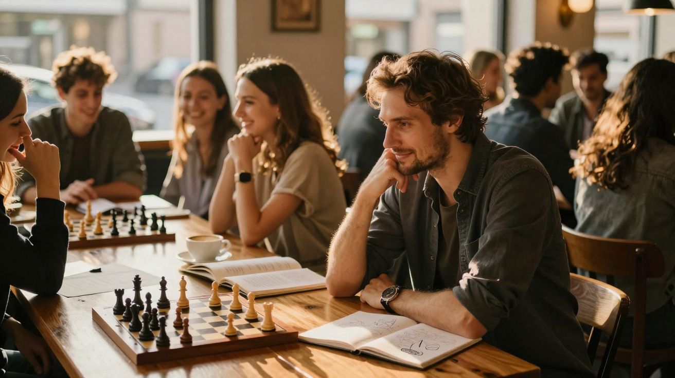 Jovens jogam xadrez e conversam numa mesa de madeira num café iluminado e animado.