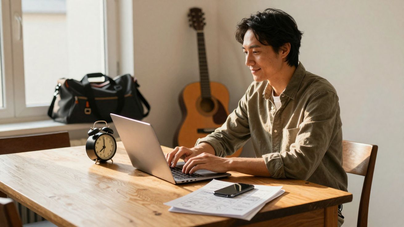 Homem sorridente a trabalhar num portátil, sentado à mesa com relógio, telemóvel e guitarra ao fundo.