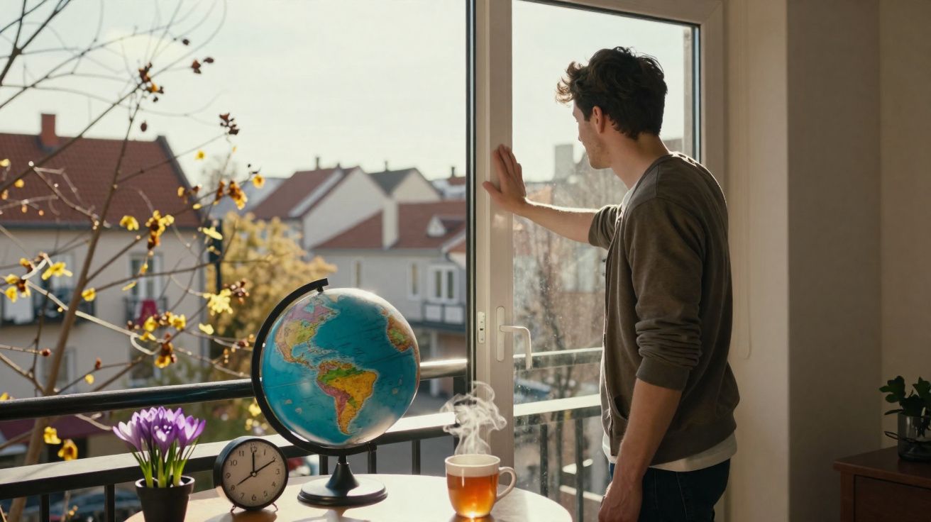 Jovem olha pela janela com uma mesa à frente com globo, relógio, flores e chá quente.