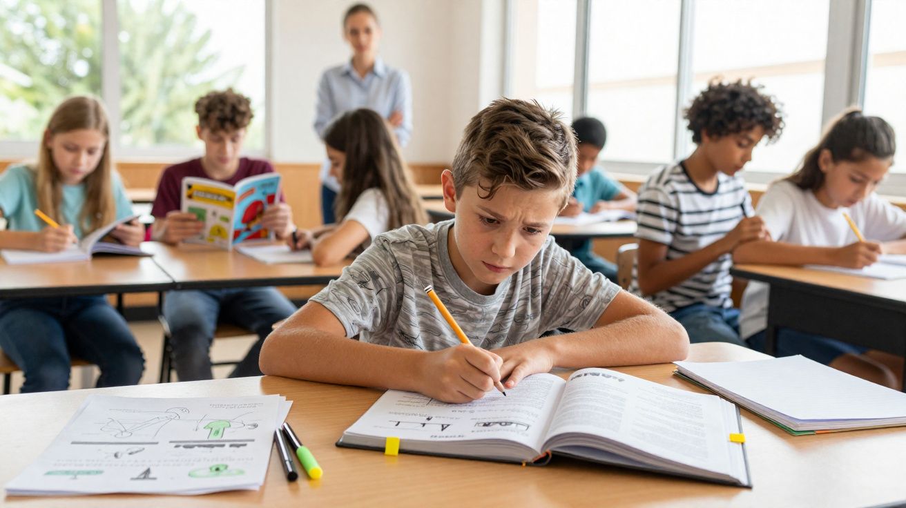 Alunos concentrados a estudar e escrever numa sala de aula, com professora ao fundo.