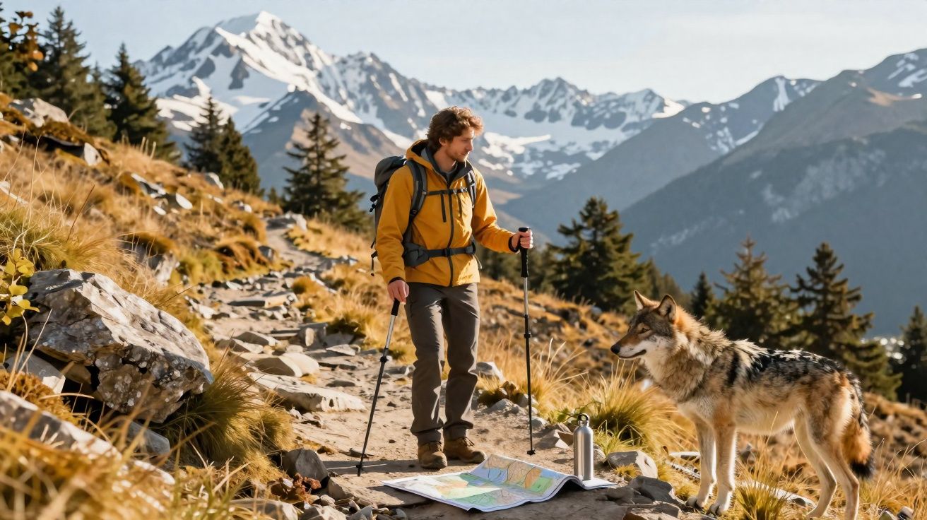 Homem com mochila e bastões a observar um lobo numa trilha de montanha com picos nevados ao fundo.