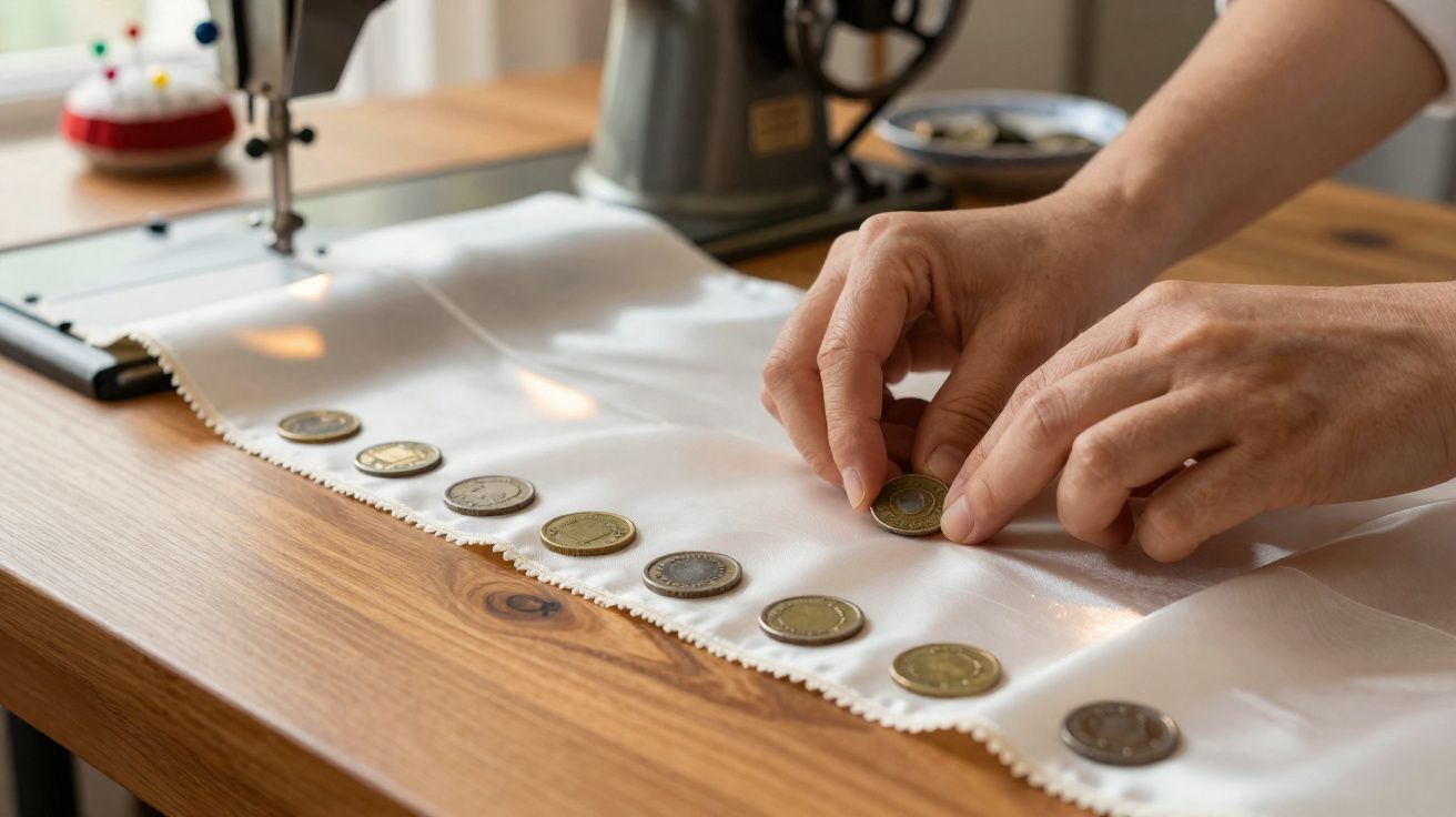 Mãos a alinhar moedas numa peça de tecido branca sobre uma mesa de madeira junto a uma máquina de costura.