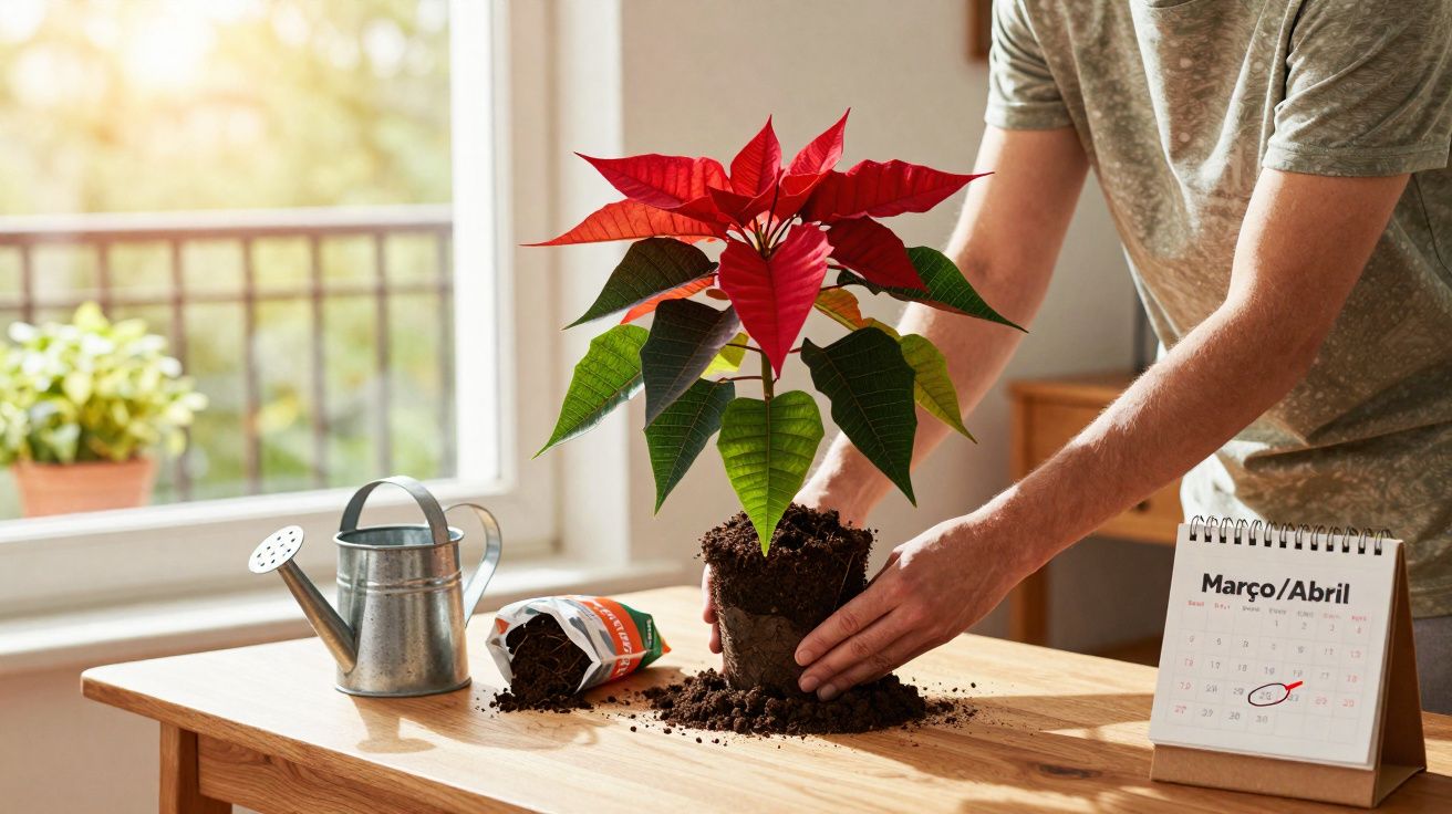 Pessoa transplantando planta com folhas vermelhas num vaso, junto de regador e calendário.