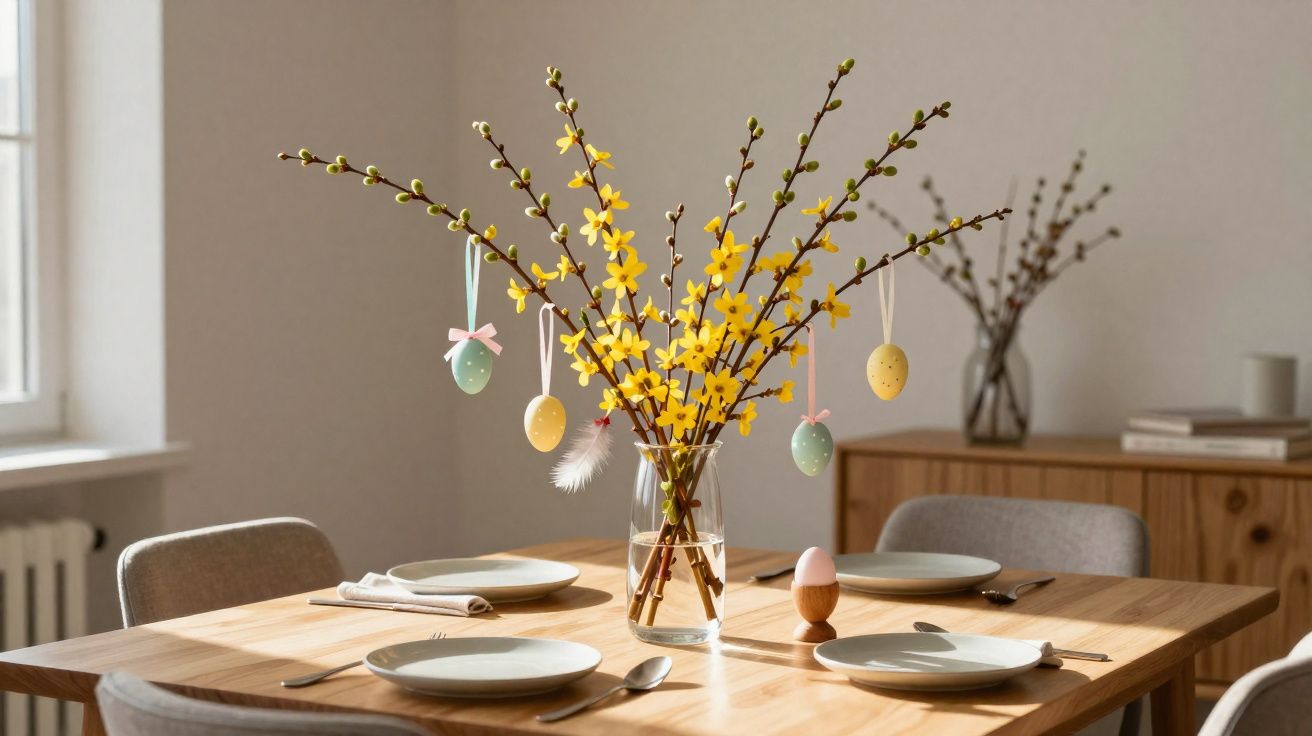Mesa de madeira com arranjo de ramos com flores amarelas e ovos decorativos de Páscoa pendurados.