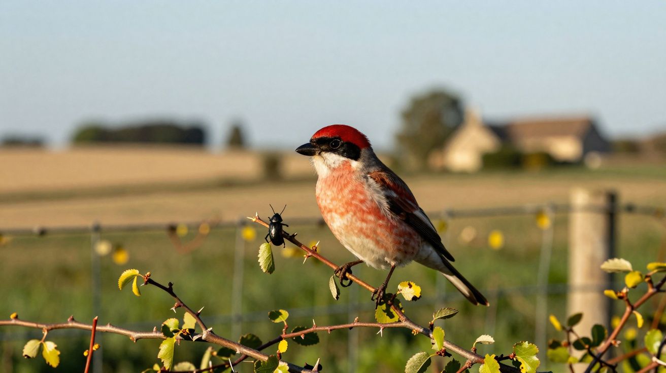Pássaro com cabeça vermelha empoleirado num ramo com folhas em área rural e casas desfocadas ao fundo.