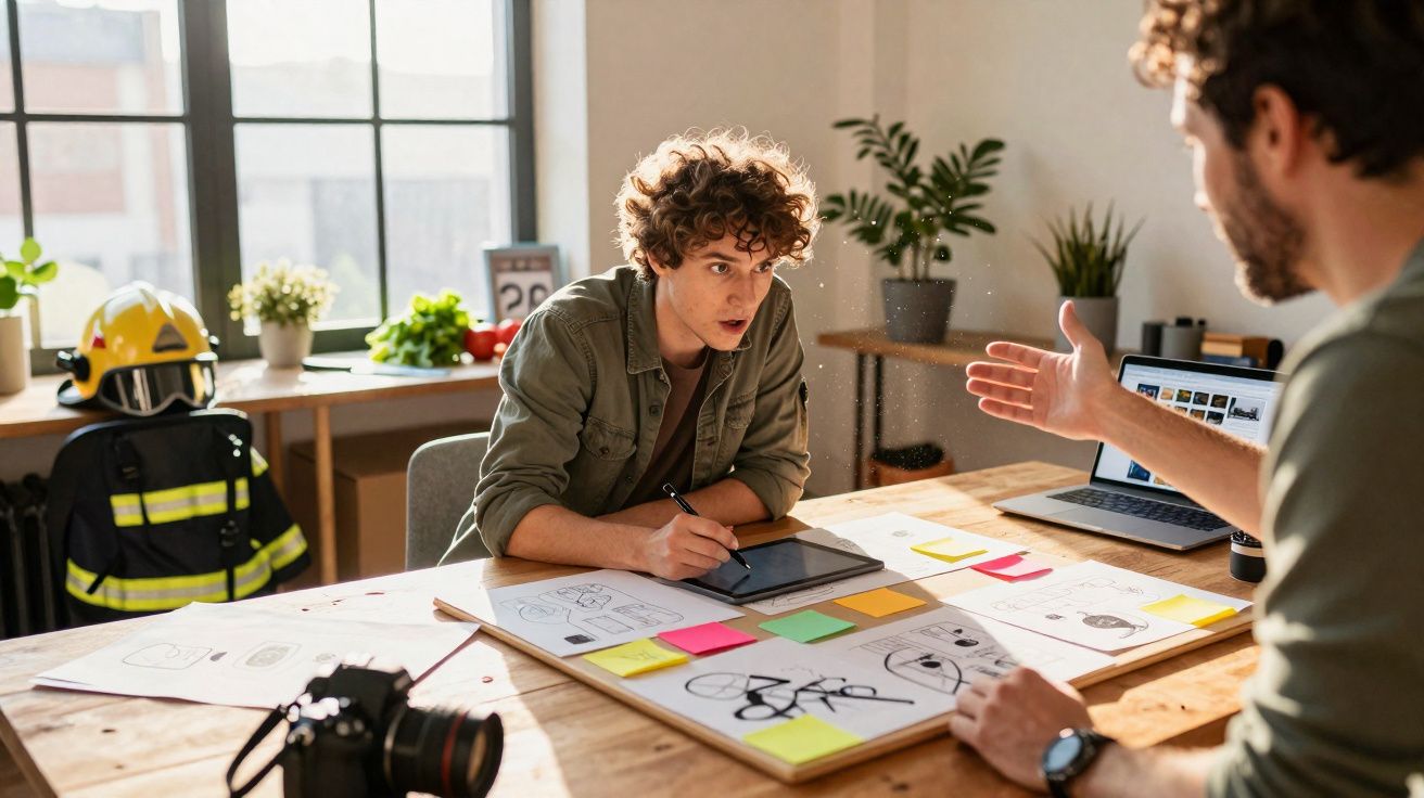 Dois jovens discutem ideias com esboços e notas coloridas numa mesa iluminada por luz natural.