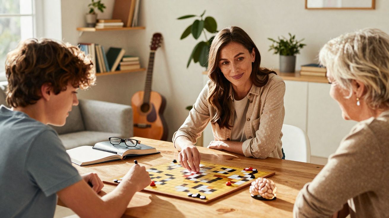 Três gerações jogam um jogo de tabuleiro numa sala de estar iluminada e acolhedora.