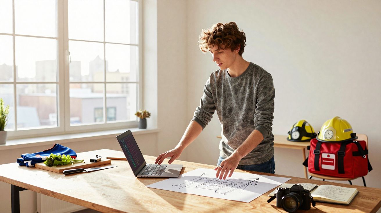 Homem jovem a analisar plantas de arquitetura com portátil numa mesa iluminada junto a uma janela grande.