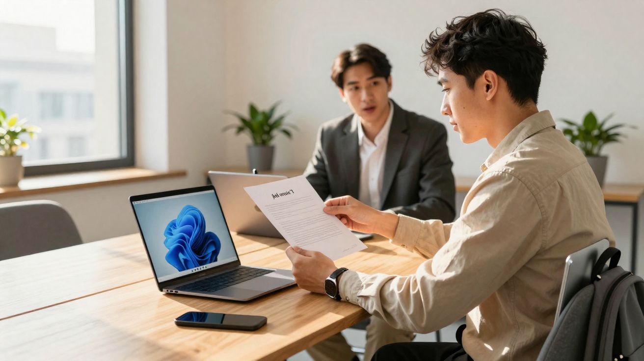 Dois homens em reunião de trabalho, com laptop, smartphone e documentos numa mesa de escritório.
