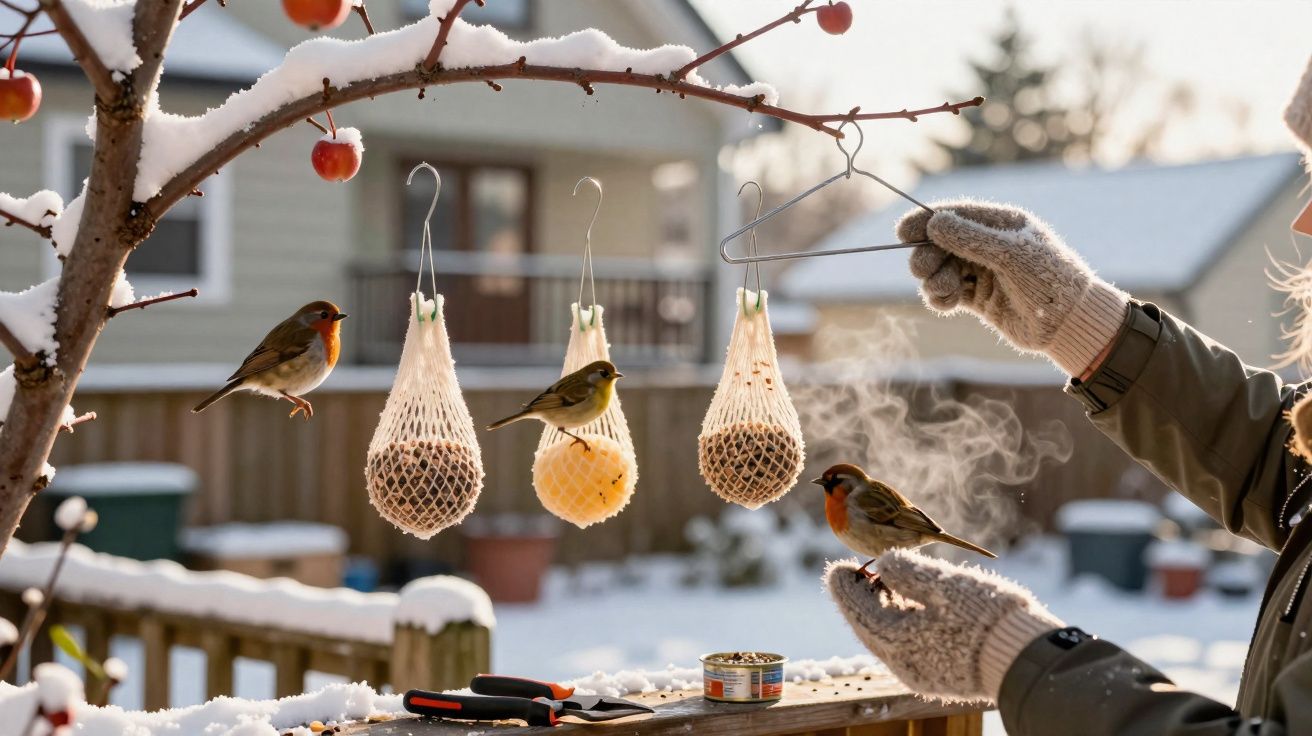 Pássaros alimentam-se de bolas de sementes penduradas numa árvore coberta de neve, com mão enluvada a ajudar.