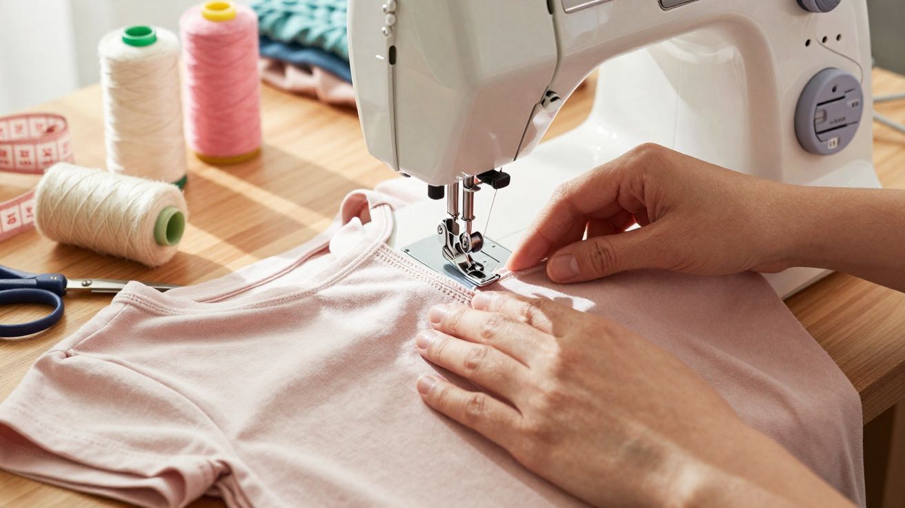 Pessoa a costurar uma t-shirt cor-de-rosa numa máquina de costura branca sobre uma mesa de madeira.