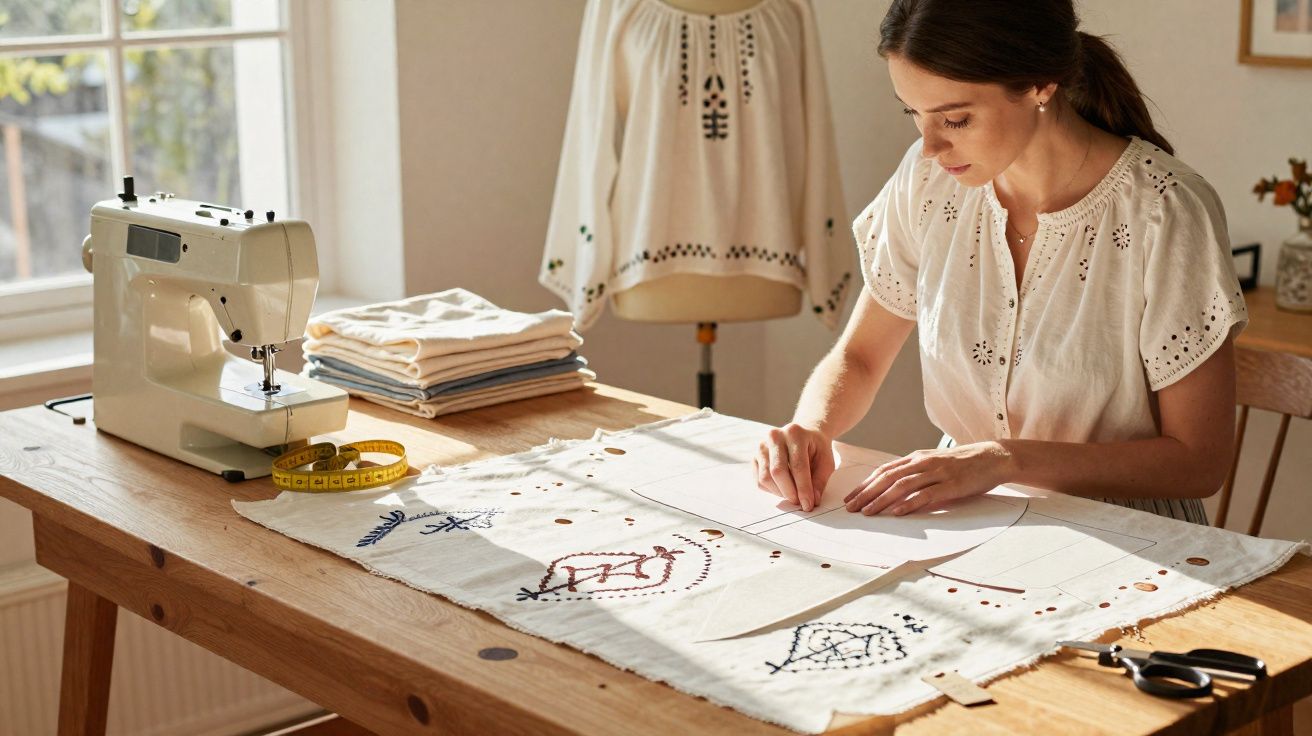 Mulher concentrada a desenhar moldes de costura em tecido bordado, com máquina de costura e fita métrica na mesa.