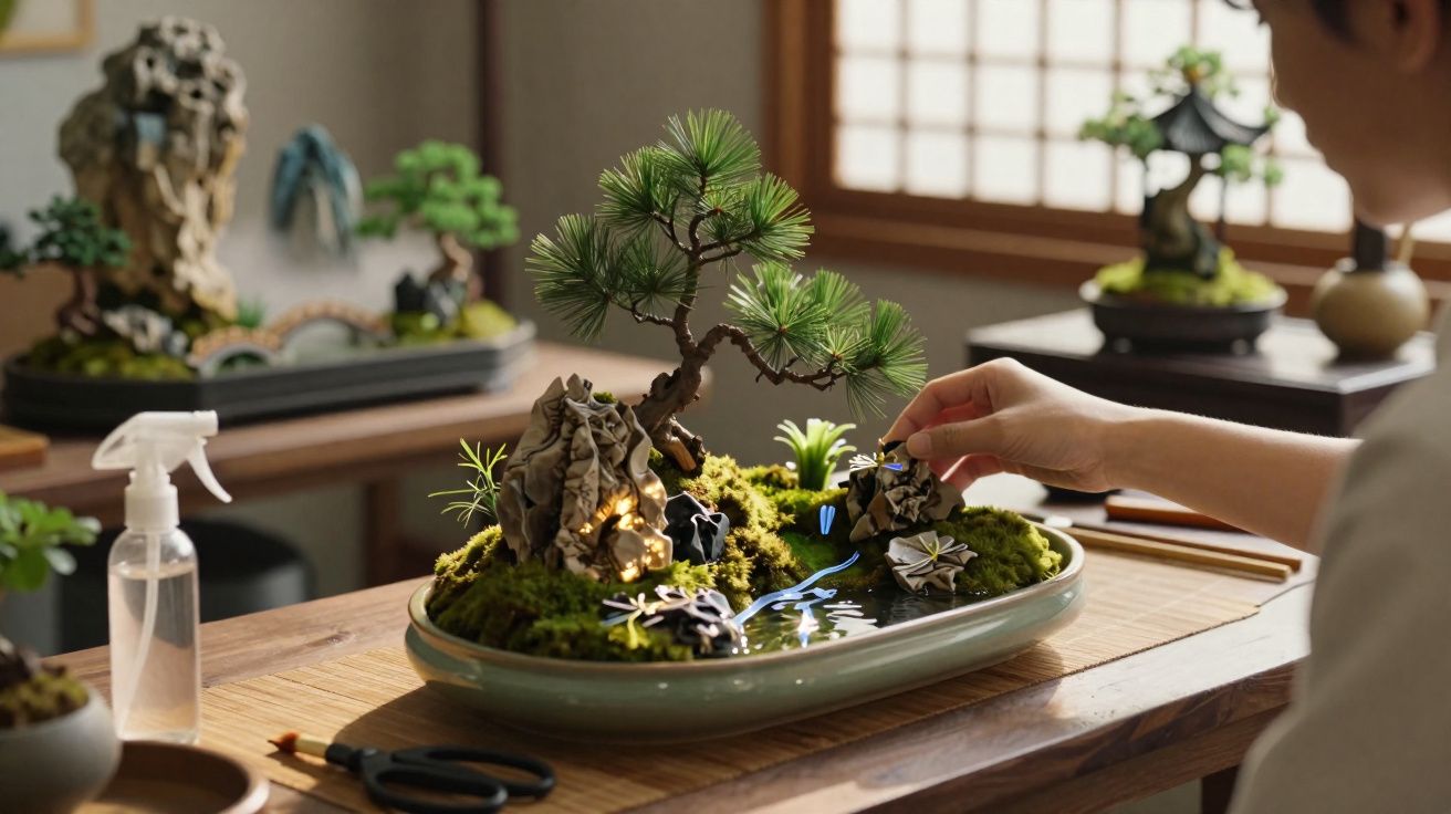 Pessoa a criar um jardim zen numa mesa com plantas, pedras decorativas e elementos em miniatura.