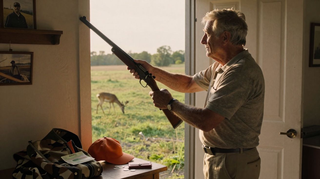 Homem idoso prepara espingarda junto à porta aberta com veado visível no campo.