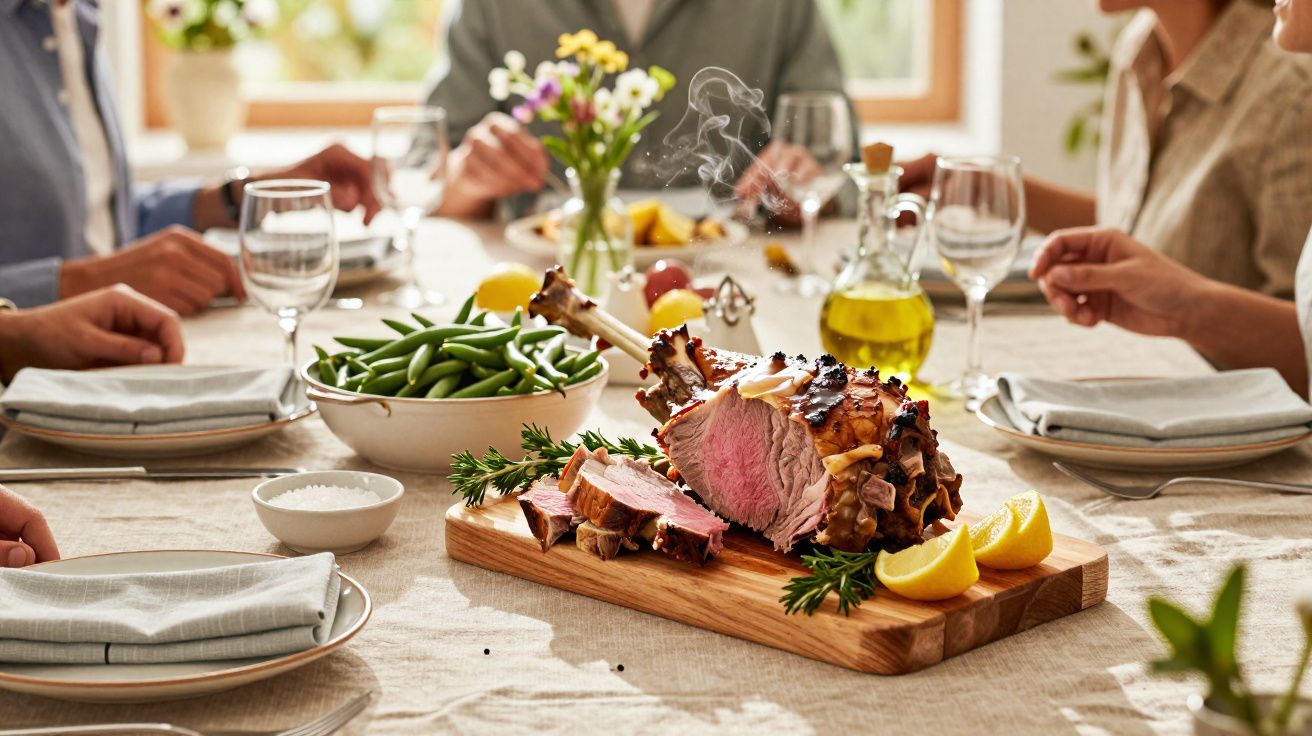 Peru assado fumegante com alecrim e rodelas de limão numa tábua, rodeado de vagem e pessoas à mesa.