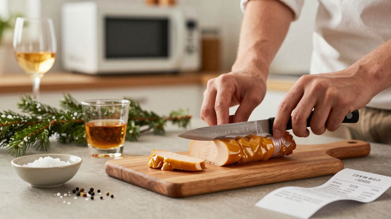 Pessoa a fatiar queijo com utensílio de cozinha numa tábua de madeira, com bebidas e temperos na mesa.