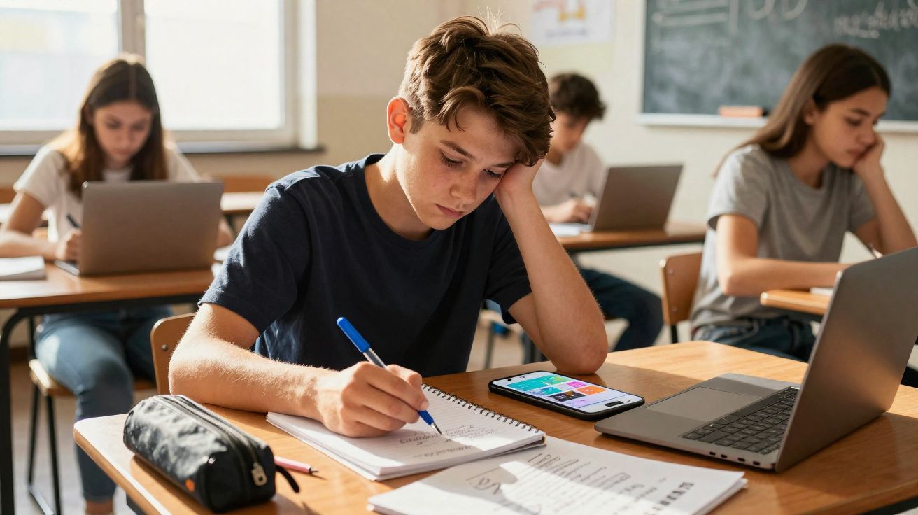 Aluno concentrado a escrever num caderno numa sala de aula, com computador, smartphone e colegas ao fundo.