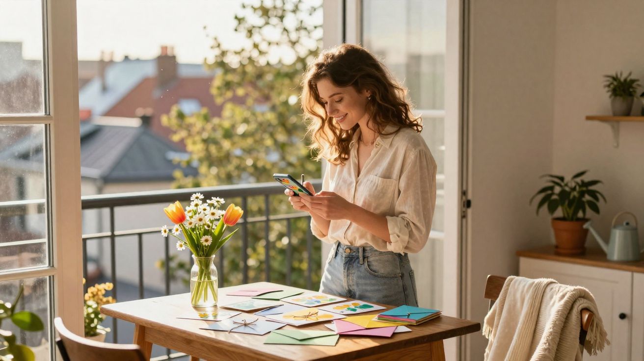 Mulher sorridente a usar telemóvel junto a mesa com flores e cartas coloridas numa varanda luminosa.