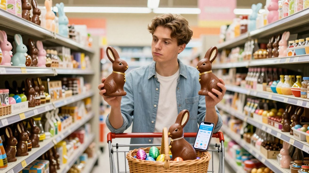 Homem em supermercado compara dois coelhos de chocolate com carrinho cheio de ovos coloridos.