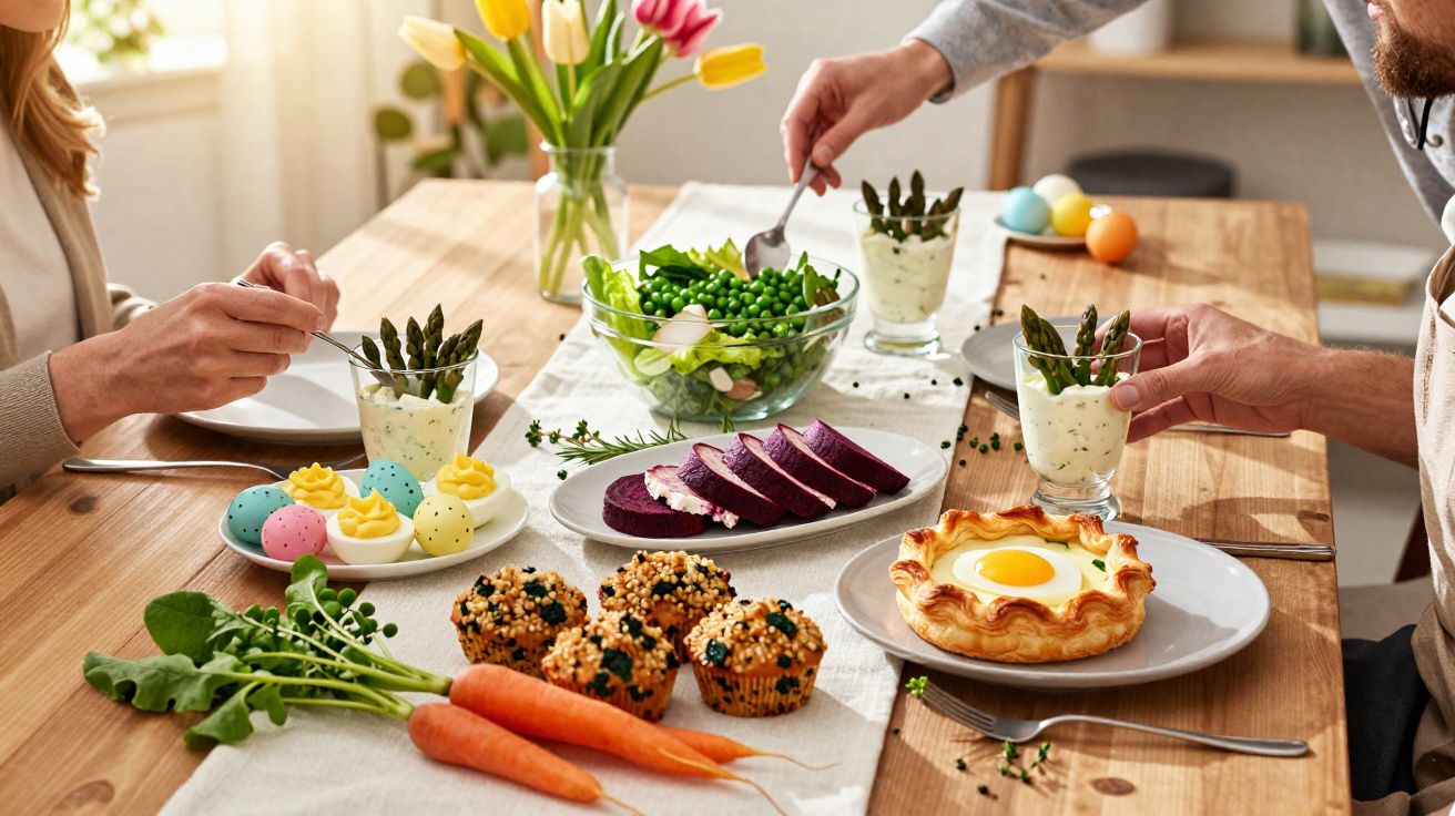 Mesa com pratos variados saudáveis, incluindo salada, legumes, muffins, ovos e copos com espargos e molho verde.