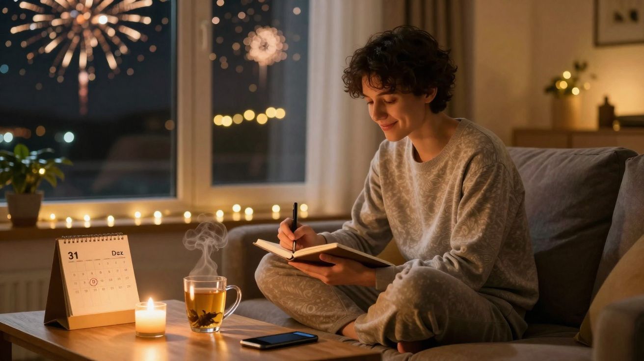 Pessoa sentada no sofá a escrever num caderno, com fogo de artifício visível pela janela à noite.