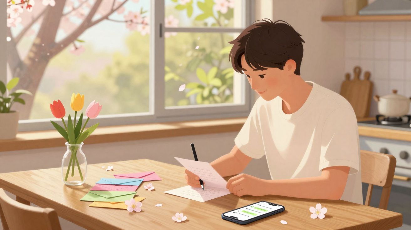Rapaz sentado a escrever uma carta numa mesa com flores e smartphone, numa cozinha iluminada pela janela.