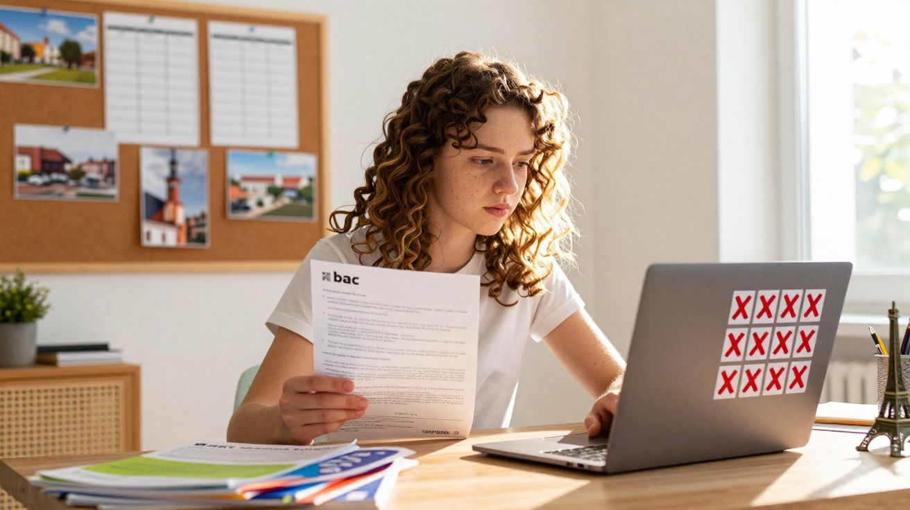 Jovem mulher com cabelo encaracolado a trabalhar em computador portátil, segurando documento de texto, numa mesa com papéis.
