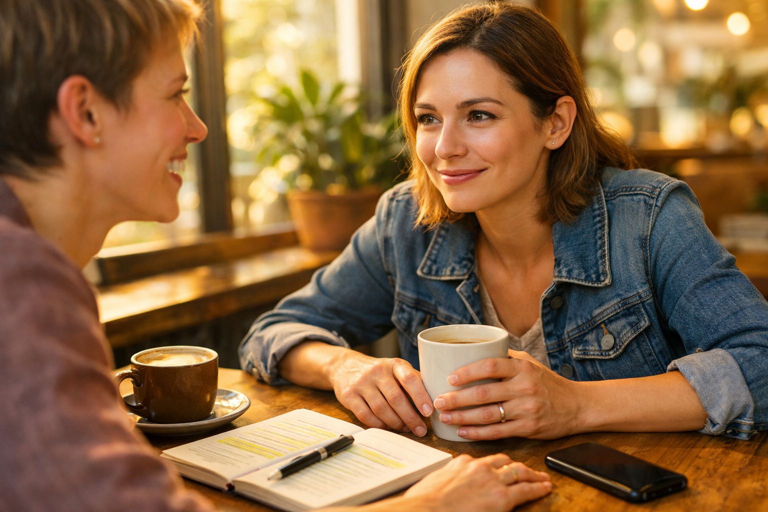 Duas mulheres a conversar e beber café numa mesa com cadernos e um telemóvel numa cafetaria iluminada.