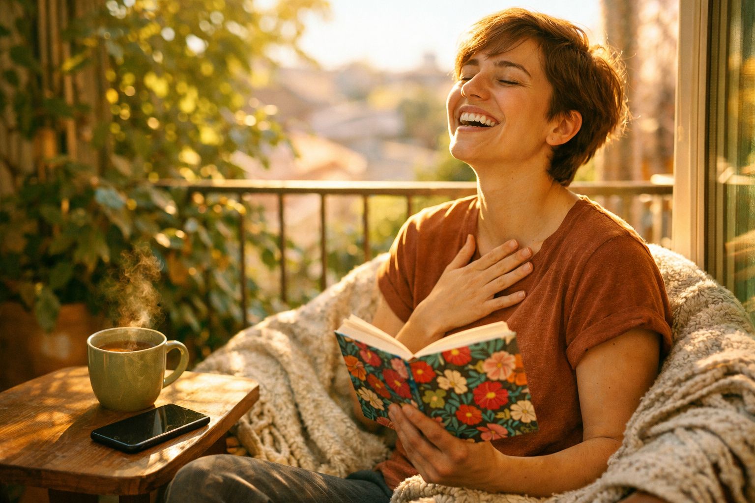 Mulher feliz sentada ao sol com um livro colorido, chá fumegante e telemóvel numa varanda acolhedora.